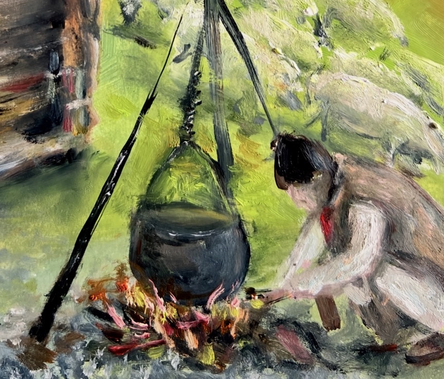 Detail of Shepherd’s Lunch. Life in the Carpathians — shepherd adding wood to the fire